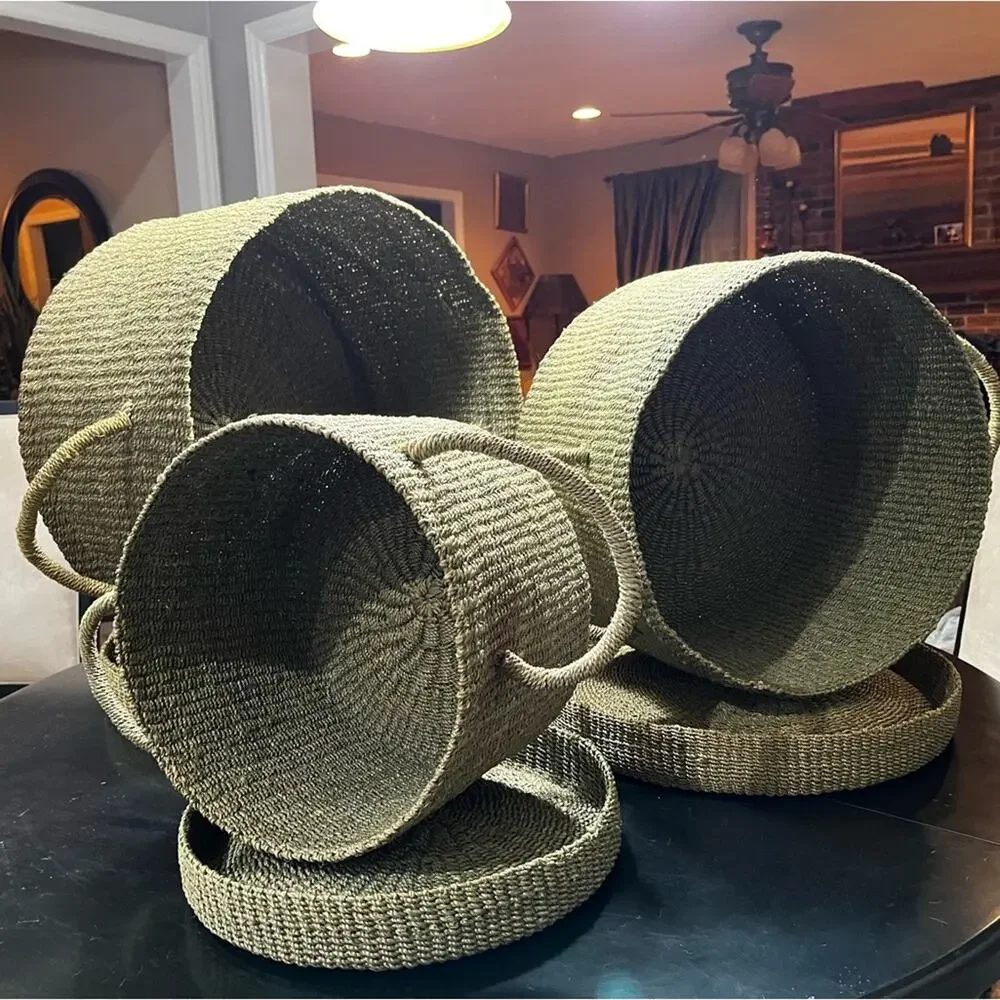 NEW Pottery Barn Round Woven Floor Nesting Storage Baskets Raffia Wicker LG Set